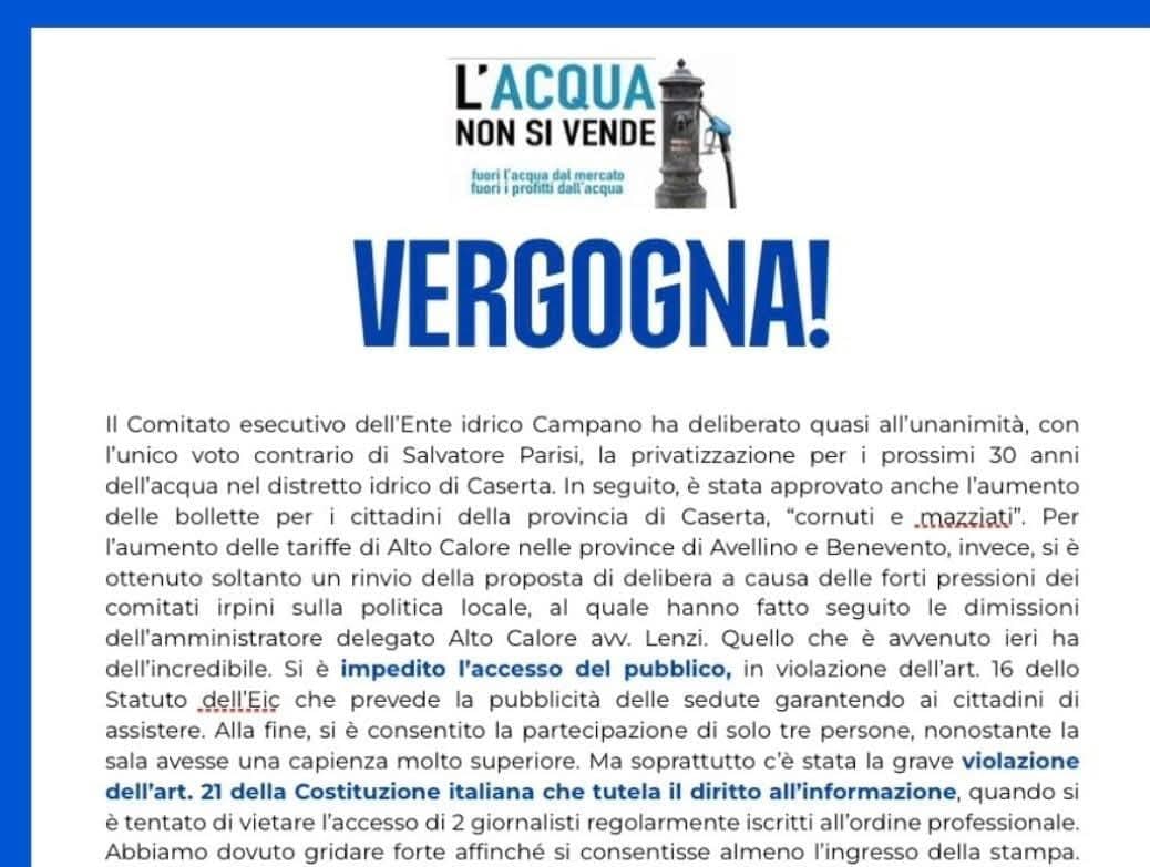 Gestione servizio idrico nella provincia casertana: sindaci e presidente Colombiano scelgono l'ingresso del privato nell'ex Consorzio. Il parere della giornalista Mena Moretta