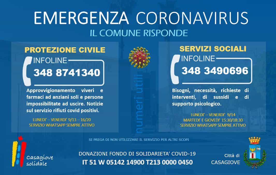 Covid-19, Casagiove: attivati due numeri per informazioni e assistenza