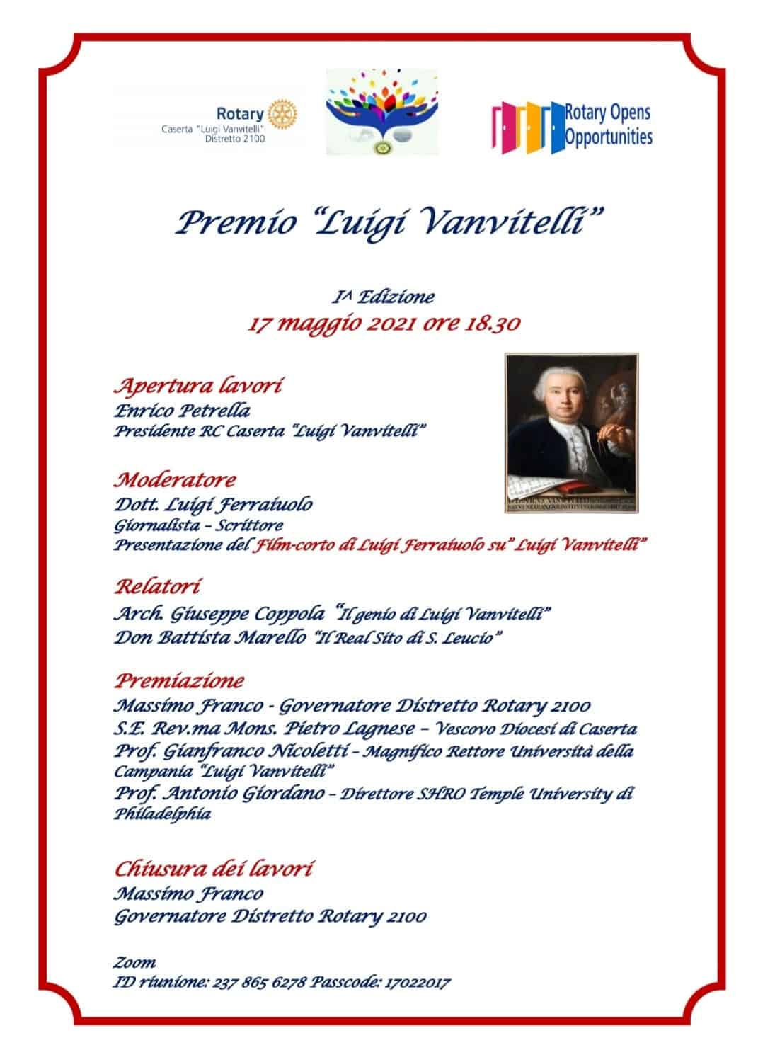 Premio «Luigi Vanvitelli», lunedì sul web la cerimonia di premiazione