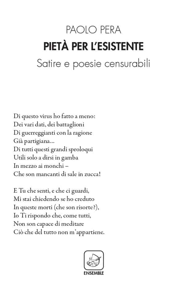 Pera, "Pietà per l’esistente. Satire e poesie censurabili": in libreria e negli store online