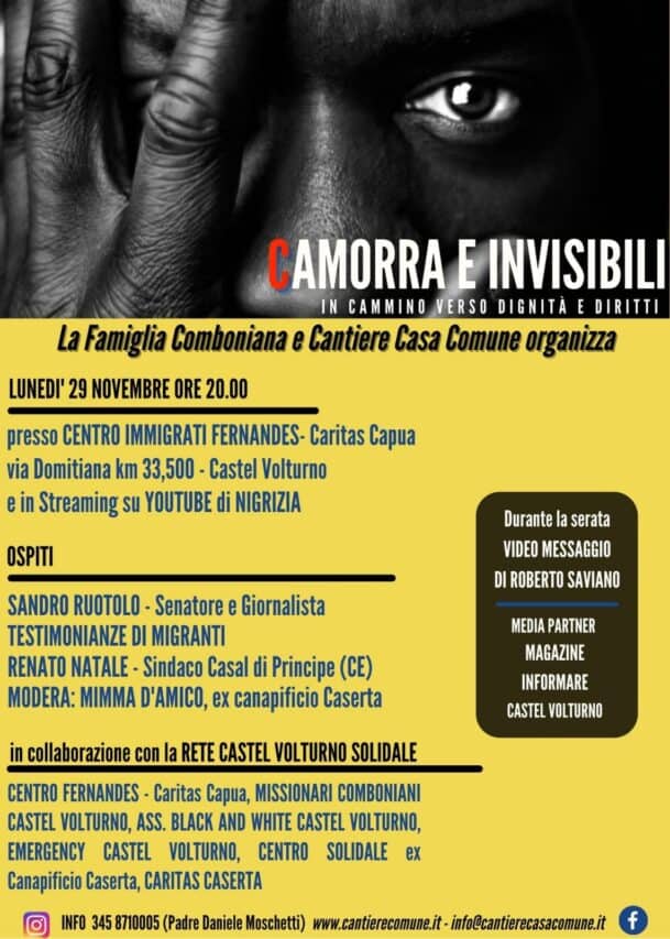 "Camorra e invisibili": il 29 novembre l'evento al Centro Fernandes di Castel Volturno