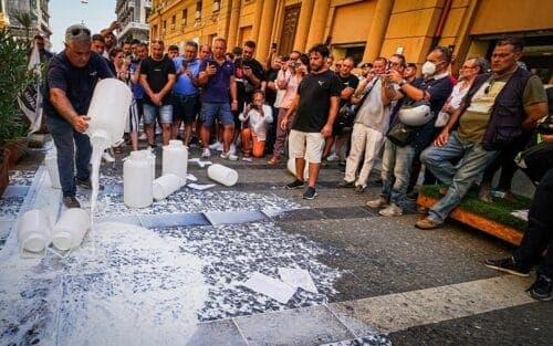 Protesta degli allevatori: latte di bufala versato davanti Palazzo Santa Lucia
