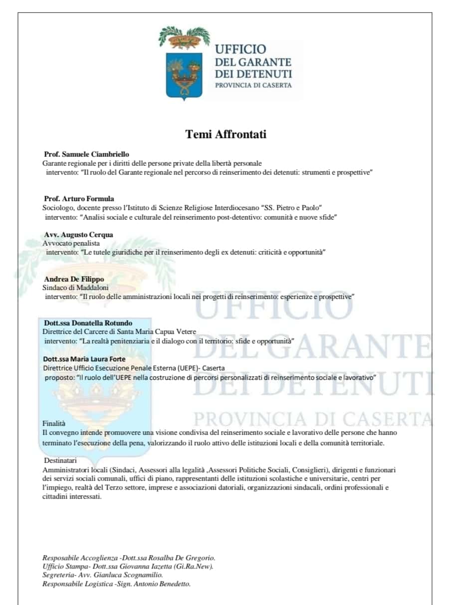 Una vita in comune, dopo il carcere: a Caserta un convegno sul reinserimento degli ex detenuti